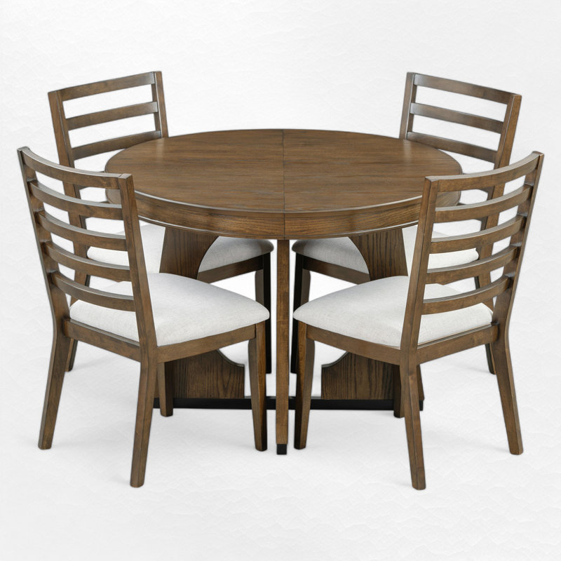 Hervey 5-Piece Retro Rustic Functional Dining Set Unique Geometric Design,Round Table Top with Leaf,dinning table set, Walnut