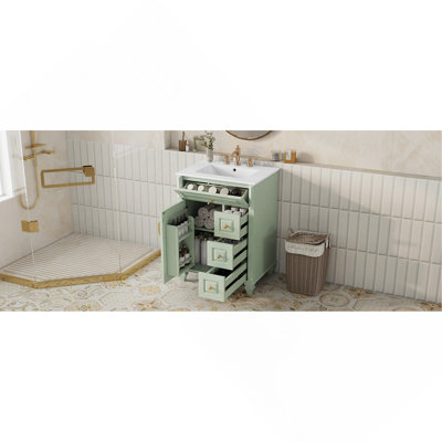 24 Inch Bathroom Vanity with Sink, Green Freestanding Vanity Cabinet with Flip-Out Drawer, 3 Drawers & Storage Cabinet, Solid Wood & MDF, Ceramic Sink Top