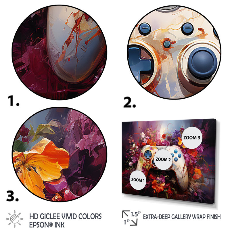 Blooming Multicolor Gaming Controller - Video Games Wall Art, Gold Closed Corner Framed, 34" H x 44" W x 1.5" D