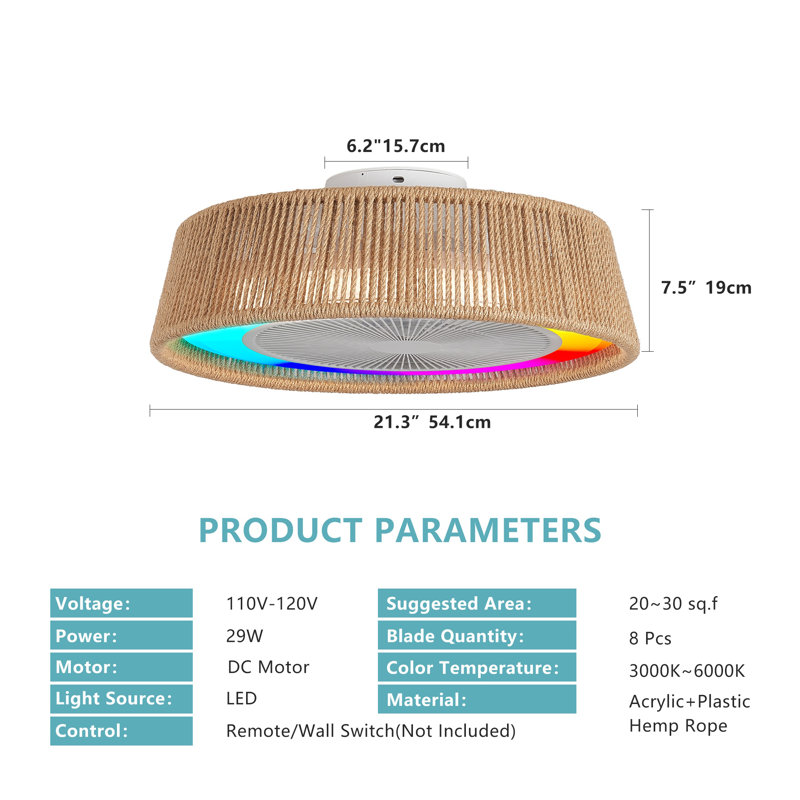 Ventilateur de plafond rustique moderne 21,3 po avec DEL RVB et moteur à courant continu silencieux