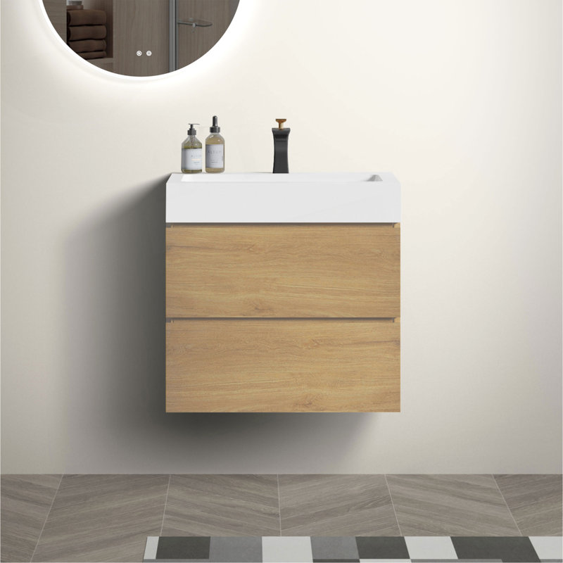 Meuble-lavabo élégant avec conception murale et lavabo intégré offrant beaucoup de rangement et un style contemporain.