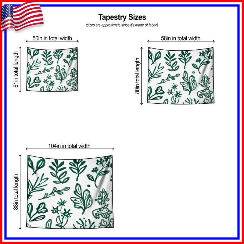 Tapisserie murale «Green Botanical Illustration» - feuilles, 68 po H x 80 po L avec 4 œillets