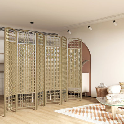6 Panel Room Divider, Folding 5.6' Privacy Screen, Wave Fiber Partition Wall, Natural Wood Peaceful For Living Room, Bedroom, Office Area Divider Pane