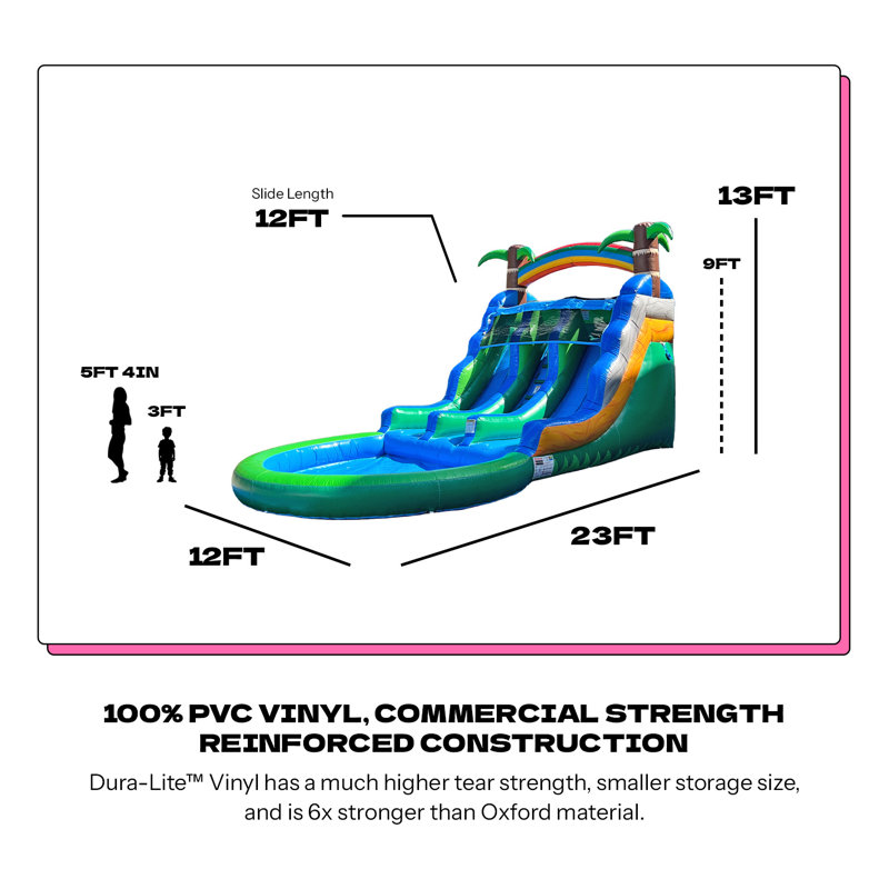 Glissade d'eau à deux voies avec piscine Pop Jump Tropical Island - 23 pi de longueur, 13 pi de hauteur - Vinyle 100% PVC, construction renforcée de force commerciale - Glissade de cour pour enfants et adultes, amusement estival humide ou sec