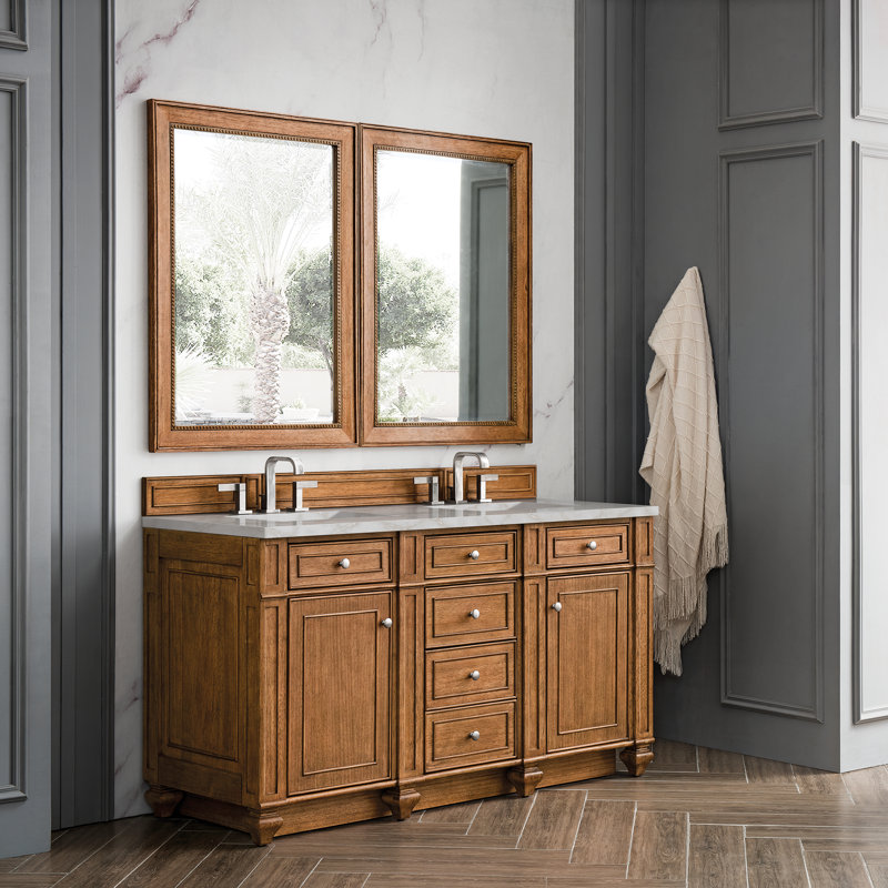 Meuble-lavabo double 60 po Bristol avec chargeur sans fil FreePower, Brun selle, Argent victorien