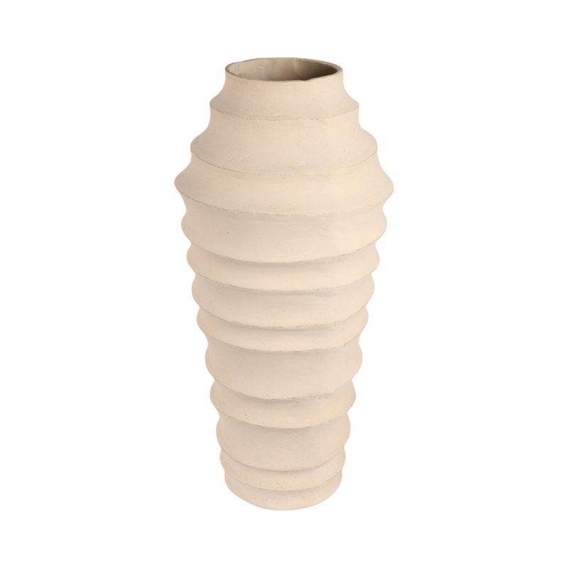 Decorative Textured Ribbed Table Vase with Chiseled Design for Home Decor - Sculptural Tall Flower Vase for Shelf or Kitchen Accent - Ivory and Tan