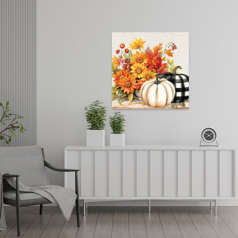 Art contemporain avec fleurs et citrouilles d'automne, H 24 po x l 24 po