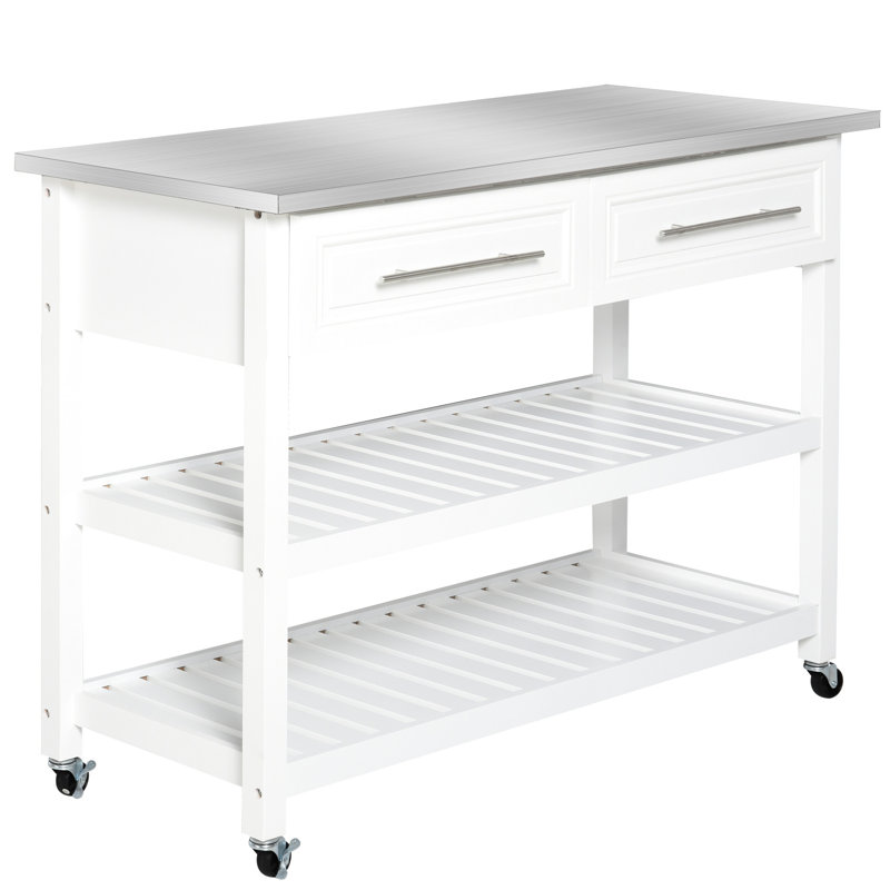 Kitchen Island On , Stainless Steel Worktop And Rustic Style, Gray, With Storage Drawers Shelves For Organization In Cart, Worksurface, 2 Shelves, Space Efficient