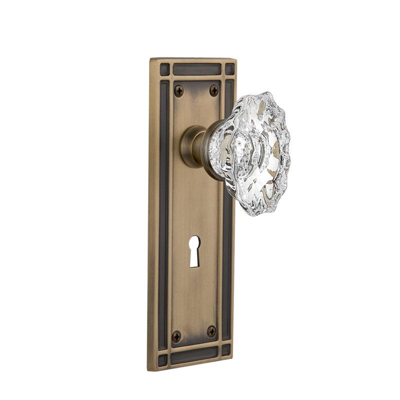Crystal Chateau Interior Mortise Door Knob with Mission Long Plate, Antique Brass