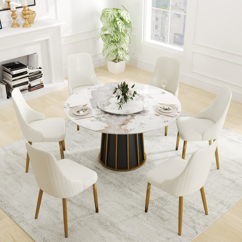 Round Sintered Stone Dining Table With Lazy Susan, 29.53" H x 53.15" L x 53.15" W, Pandora