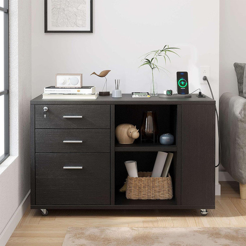 Black Wood Mobile Lateral Filing Cabinet with Lock and Charging Station