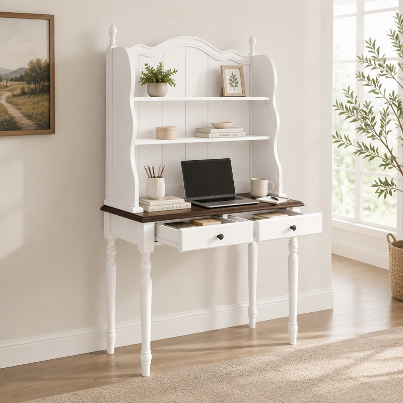 Bureau Mid-Century avec 2 tiroirs, huche et passe-câbles, Espresso/blanc