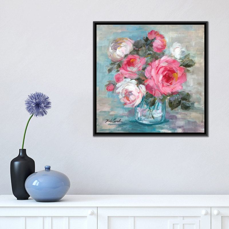 « summer roses ii », impression sur toile, H 18 po x l 18 po x P 1,5 po, Toile avec cadre noir, Pas de tapis