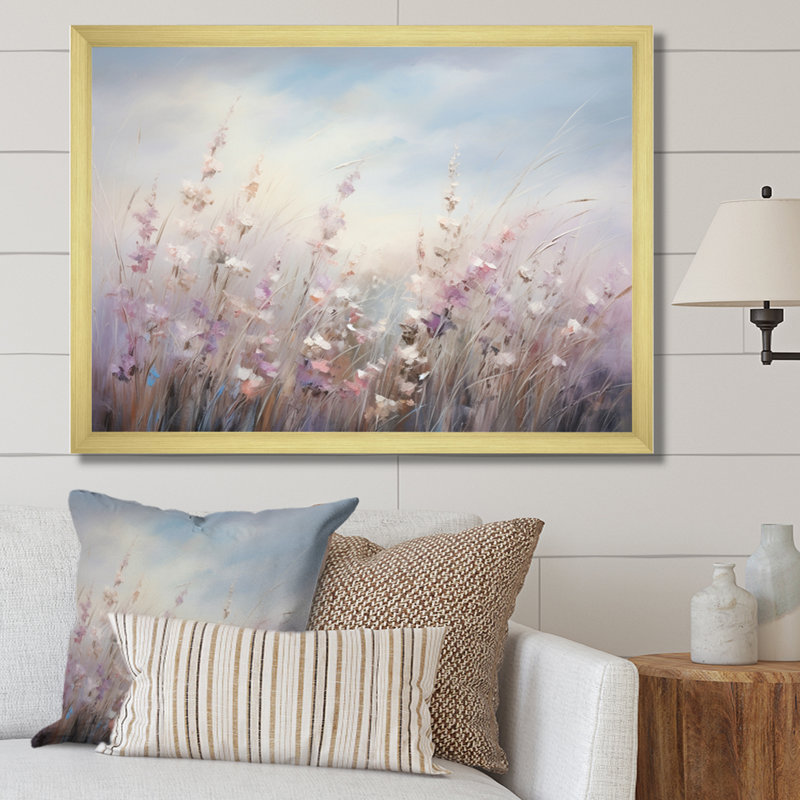 Fleurs murales mauves Whispering Breeze II - art mural fleurs sauvages pour le salon, Cadre doré, H 24 po x l 32 po x P 1 po