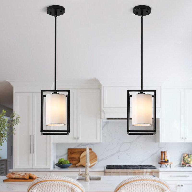 Luminaire suspendu 2 lumières pour îlot de cuisine industriel avec abat-jour cylindrique en tissu blanc, Noir mat