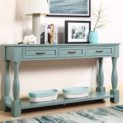 Console en bois massif de 63 pouces, 3 tiroirs et tablette, bleu rétro, élégante table décorative avec design et base pour la maison