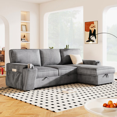 Canapé d'angle contemporain gris 3 couchages polyvalent avec poches de rangement et porte-gobelets