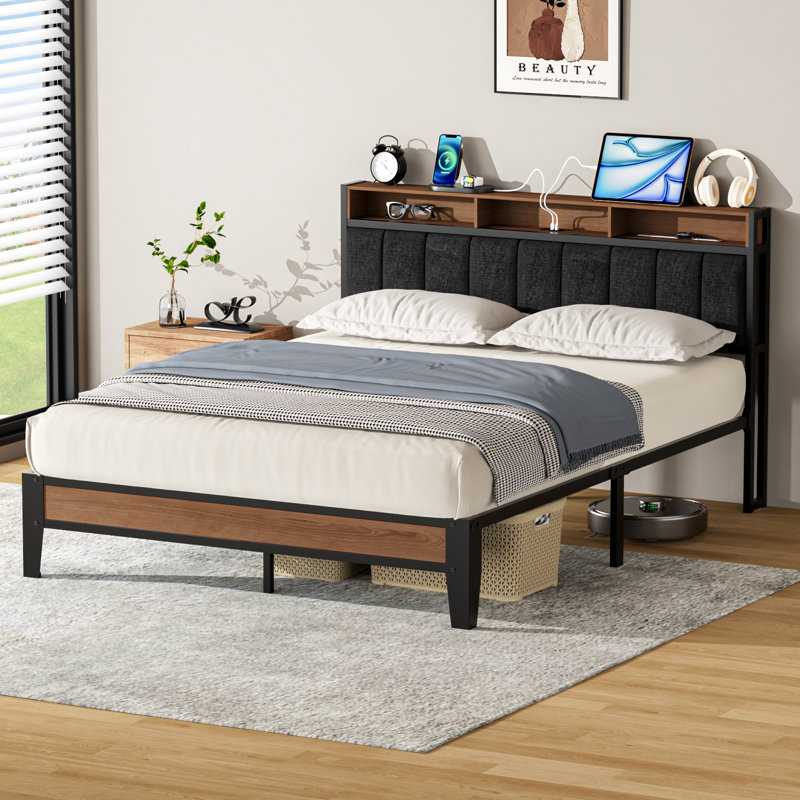 Upholstered Bed Frame with Charging Station and Storage Headboard, Black, Queen