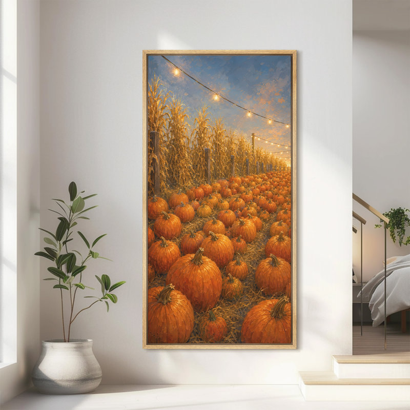 «Pumpkin Patch with String Lights Harvest Farm Autumn Decor Extra Large», reproduction d'art sur toile encadrée, Naturel