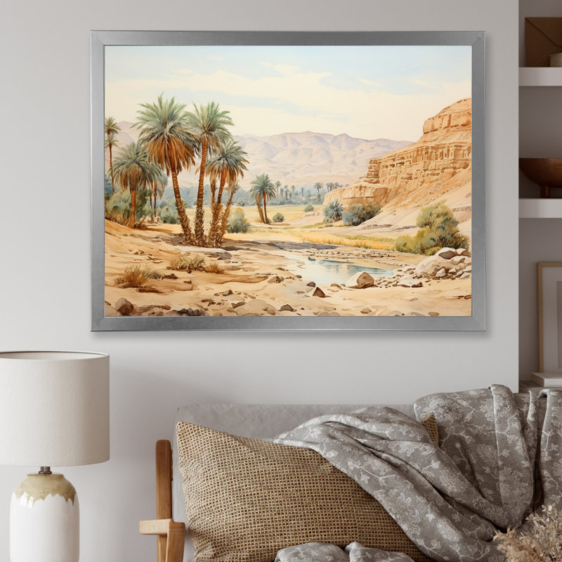 Ancien paysage désertique égyptien I - Égypte, art mural, Cadre de coin argenté fermé, H 30 po x l 40 po x P 1,5 po