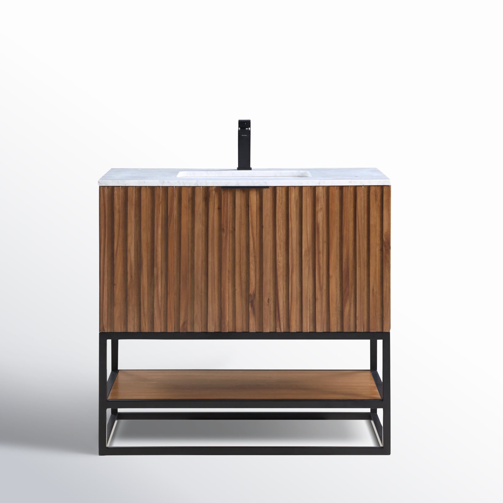 Terra 36'' Single Bathroom Vanity, Carrara Marble/Single Faucet Mount, Walnut, Matte Black