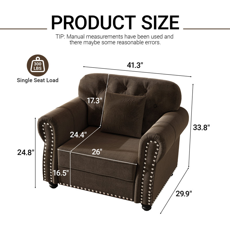 Fauteuil en velours de 41 po avec structure et coussin en bois massif, brun, Brown