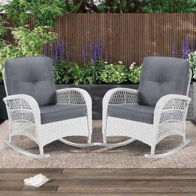 Beachcrest Home Outdoor Wicker Rocking Chairs Set Of 2, Rattan Patio Rocker Chairs With Thick Cushions And High Back, All-Weather Patio Wicker Chair