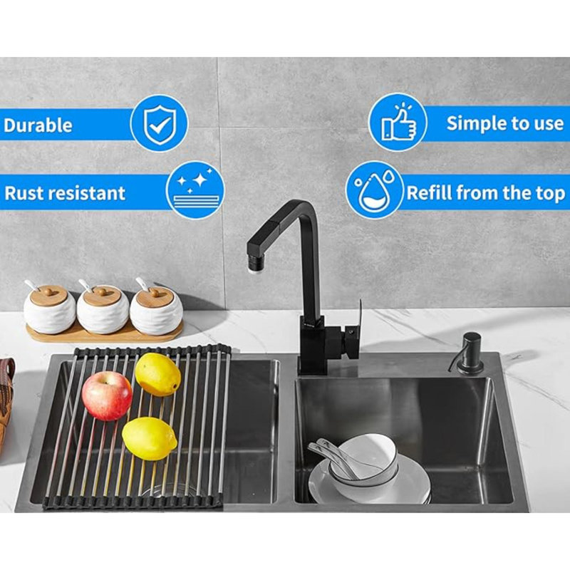 Distributeur de savon intégré pour évier de cuisine, tête de pompe de comptoir en acier inoxydable noir mat, distributeur de lotion pour les mains à savon à vaisselle avec bouteille rechargeable de 17 oz