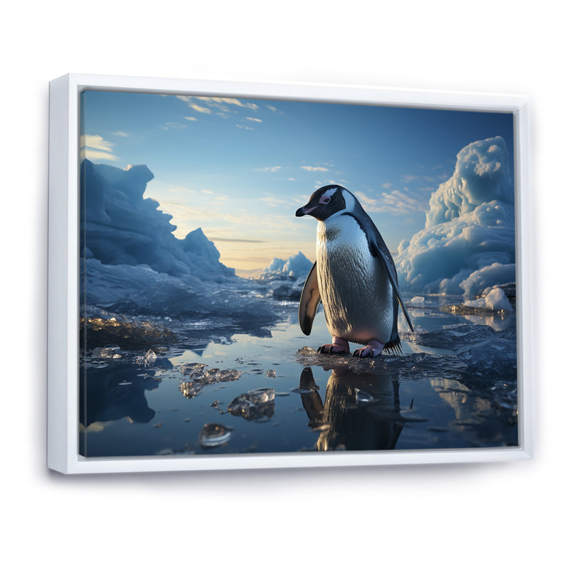 «Penguin Elegance In Snow I», reproduction d'art sur toile, Cadre flottant blanc, H 24 po x l 32 po x P 1 po