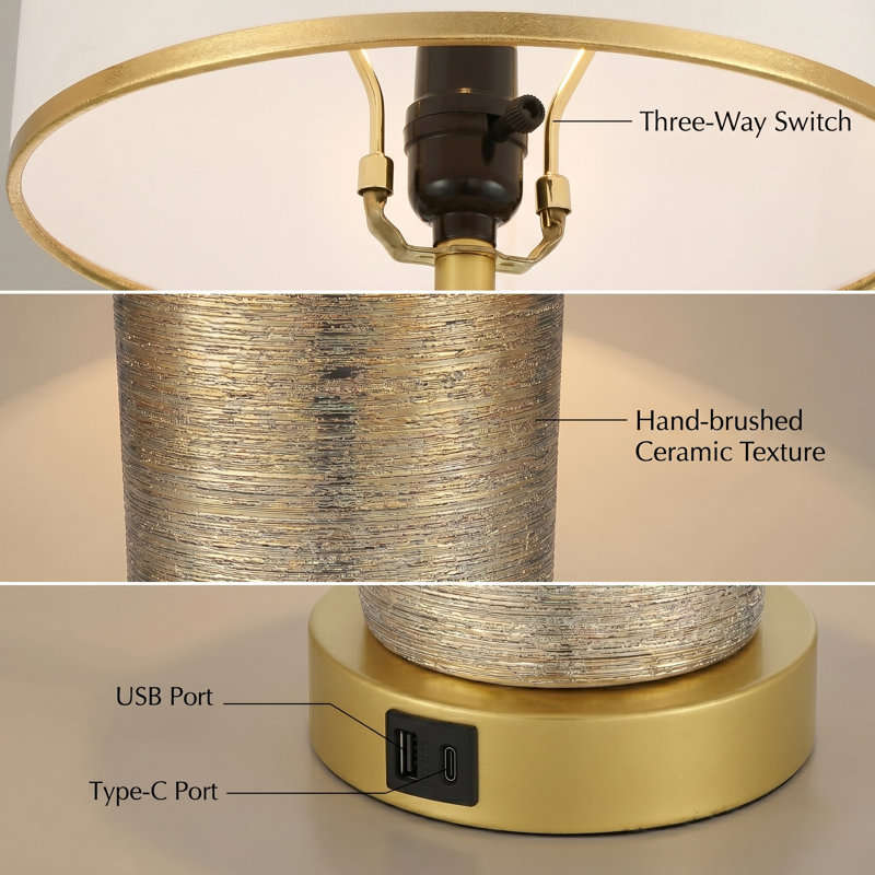 25 '' Modern Ceramic Table Lamp with USB Ports, Gold