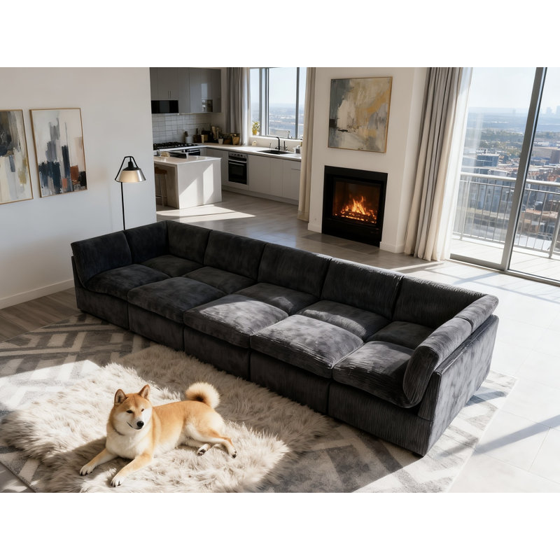 Canapé modulaire de coin avec repose-pieds Arfsten Anagel, Velours côtelé noir