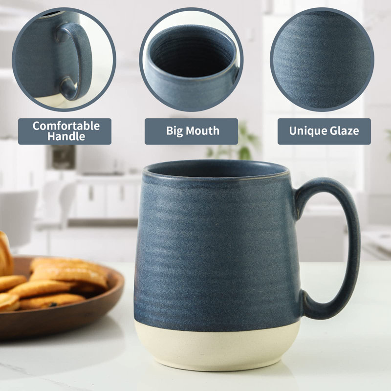 Dark Blue Ceramic Large Coffee Mugs Set with White Bottom
