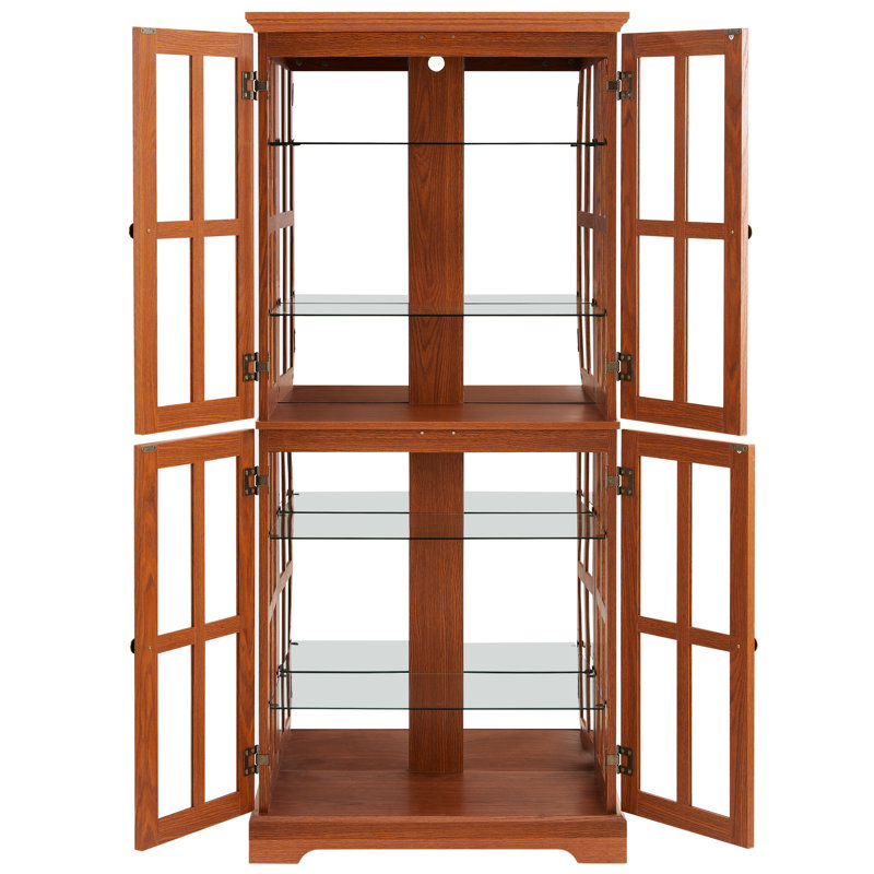 Antique Dark Oak Glass Showcase, Adjustable Shelving, Double - Opening Doors, Lighting, Dining Area Decor American Design Showcase With Shelves, And E26 Bulb For Textile Display