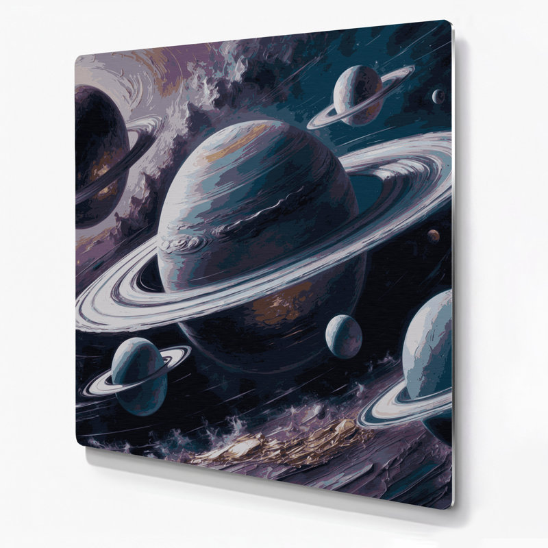 Art mural en métal gris avec planètes de science-fiction, 16" H x 16" W x 0.05" D