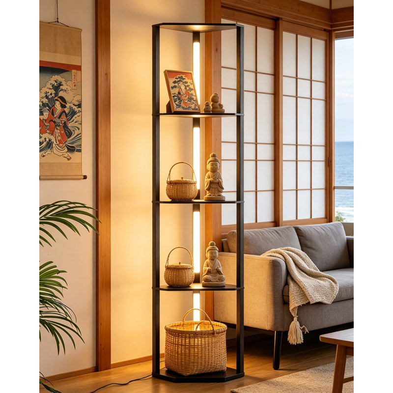 Lampe sur pied d'angle moderne avec tablettes et éclairage à DEL intégré, lampe sur pied à température de 3 couleurs et à intensité variable avec tablettes d'affichage à 4 niveaux pour le salon, la chambre à coucher et le bureau