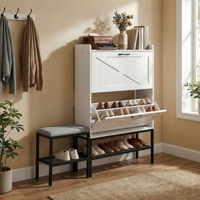 47" W Barn Door Flip Shoe Cabinet With Mesh Metal Legs Padded Bench