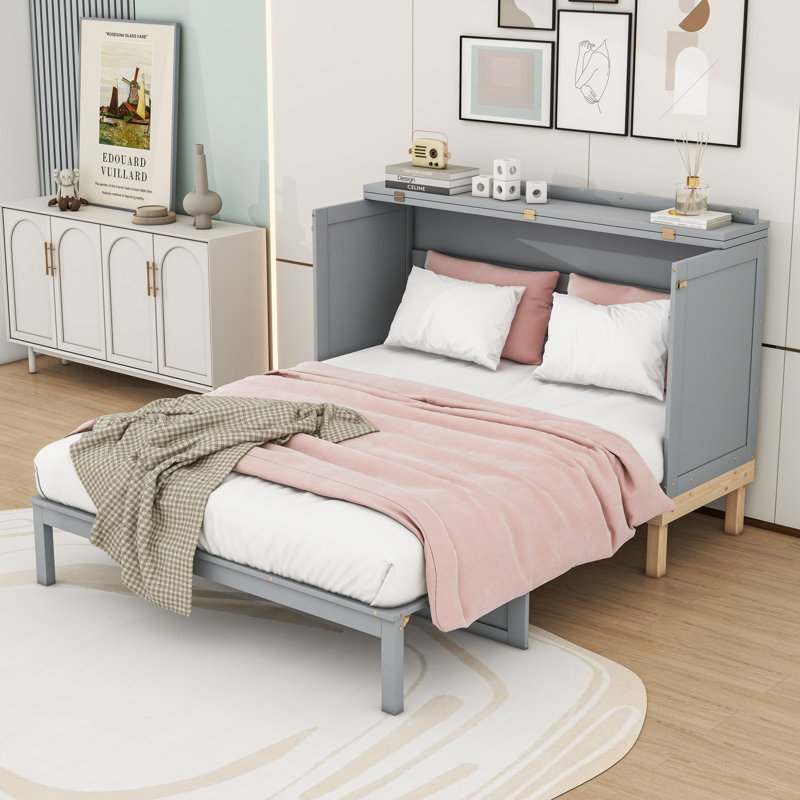 Grand lit plateforme escamotable en bois, gris