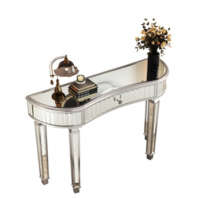 47" Semicircular Mirrored Console Table With Fluted Glass And Crystal Knob Drawer, Grey+silver, Mid - Century Influence, Solid Legs, Safe Design Desk & Style, Build, Edges