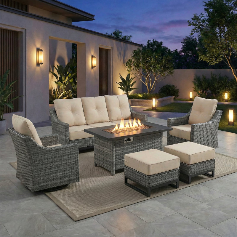 6 Piece Patio Furniture Set With Fire Pit Table, Outdoor Wicker Conversation Set With 3-seat Sofa, 2 Swivel Rocker Chairs And 2 Ottomans, All-weather Pe Wicker For Porch, Deck, Backyard, Grey/beige