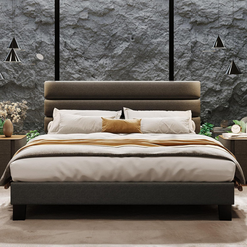 Base de lit plateforme avec tête de lit réglable, support en tissu et lattes en bois, sommier robuste, aucun sommier requis