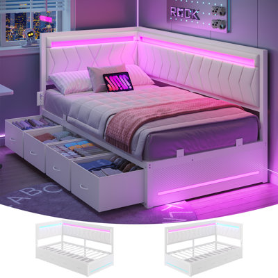 Structure de lit de jour simple en coin avec 4 tiroirs de rangement, lumières DEL et station de charge, lit de jour de jeu simple avec garde-corps rembourrés et lattes en métal, lits de jeu simple pour adolescent / adulte, blanc