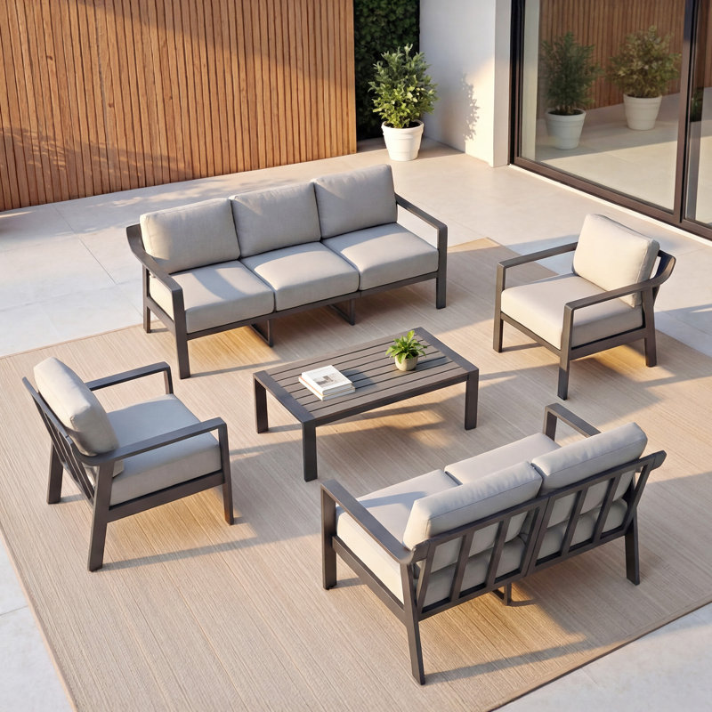 Ensemble de conversation pour patio 7 personnes avec coussins, Coussin gris pâle/cadre noir