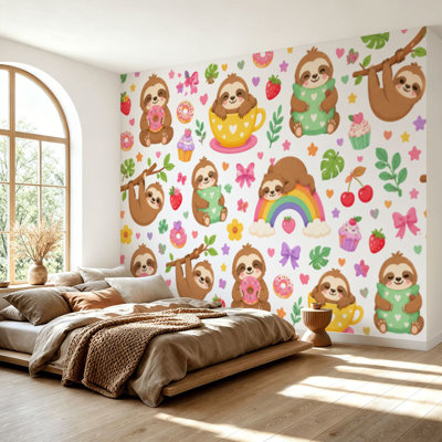 Papier peint adhésif à motif de paresseux, paresseux, animal de compagnie, manger, danser, rêver, mignon, zoo, autocollant, papier contact amovible, décoration murale pour le salon