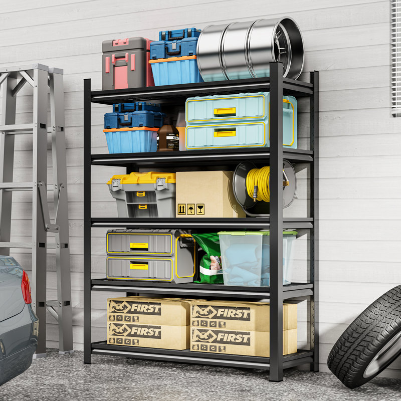Étagère de garage ajustable en métal noir à cinq étages, capacité de 2 500 lb, H 71,2 po x L 48,28 po, P 23,53 po