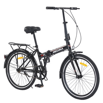 24 Inch Folding Bike For Adults With Fenders, Steel Frame Single Speed City Commuter, Dual V-Brake Portable Compact Bicycle For Men & Women