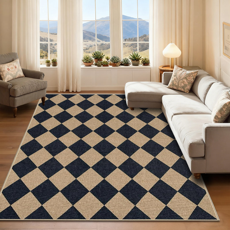 Checkered Jute Rug Machine Washable Checkered Pattern Rug Minimalist and Stylish Perfect for Bedrooms, Living Rooms, and Hallways
