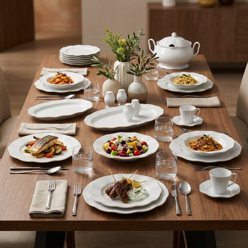 Service de table en porcelaine blanche à bordure dorée Baroque (service de 83 pièces pour 12 personnes)