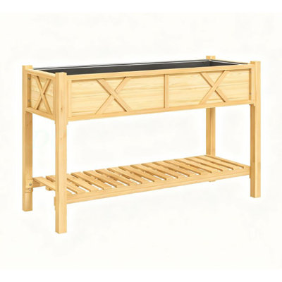 Dual-Tier Elevated Wood Planter Box,Raised Garden Bed,With Storage Shelf,Drainage Holes,And Liner