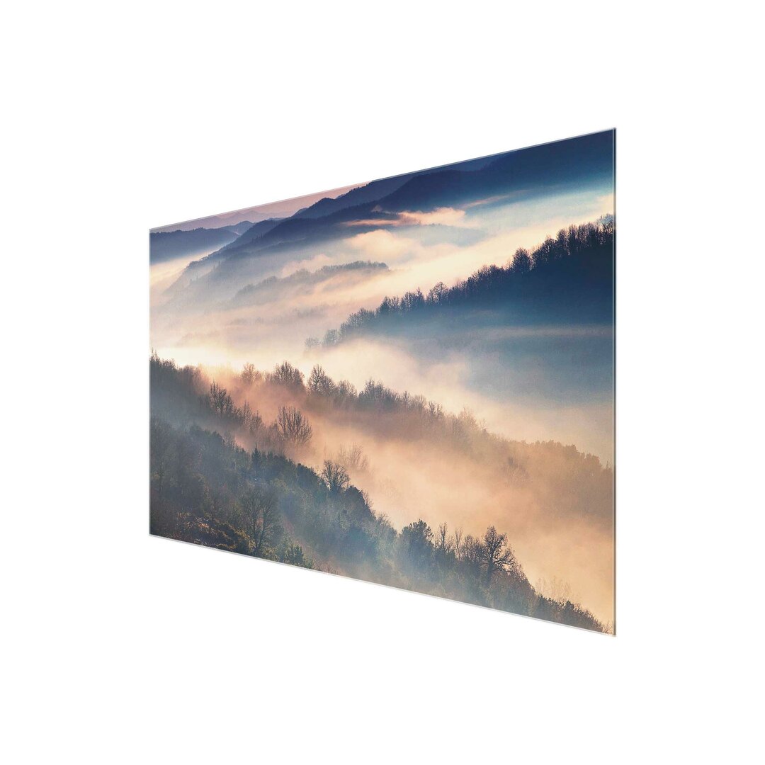 Glasbild Nebel bei Sonnenuntergang