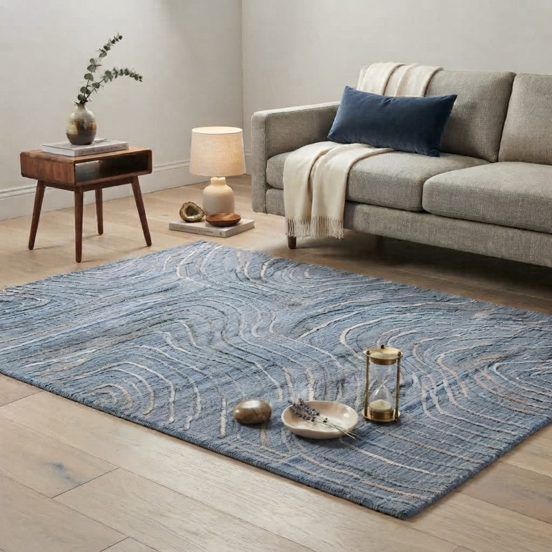 Tapis intérieur bleu clair en polypropylène abstrait tissé à la main, Rectangle 4 pi x 6 pi